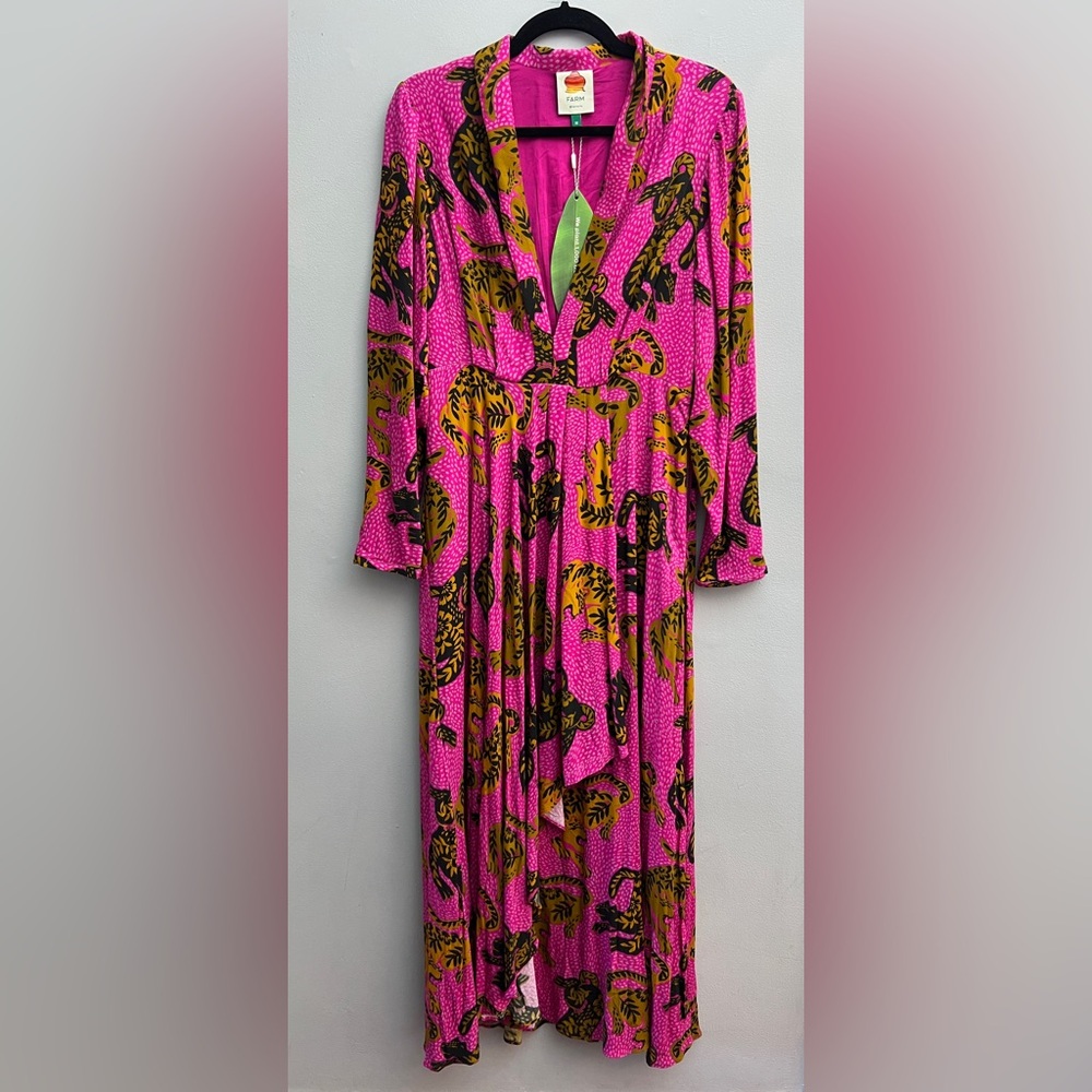 Bright Pink Printed Long Sleeve Wrap Maxi Dress